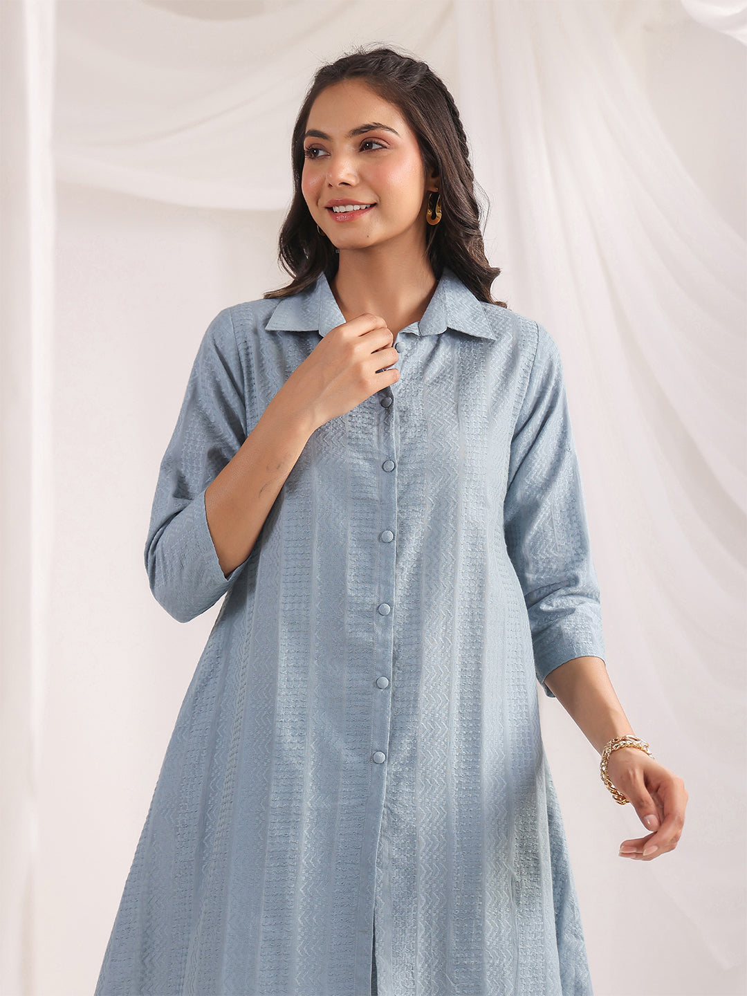 Janasya Light Jacquard Self Design Shirt Top & Bottom Set | Swadesiicart