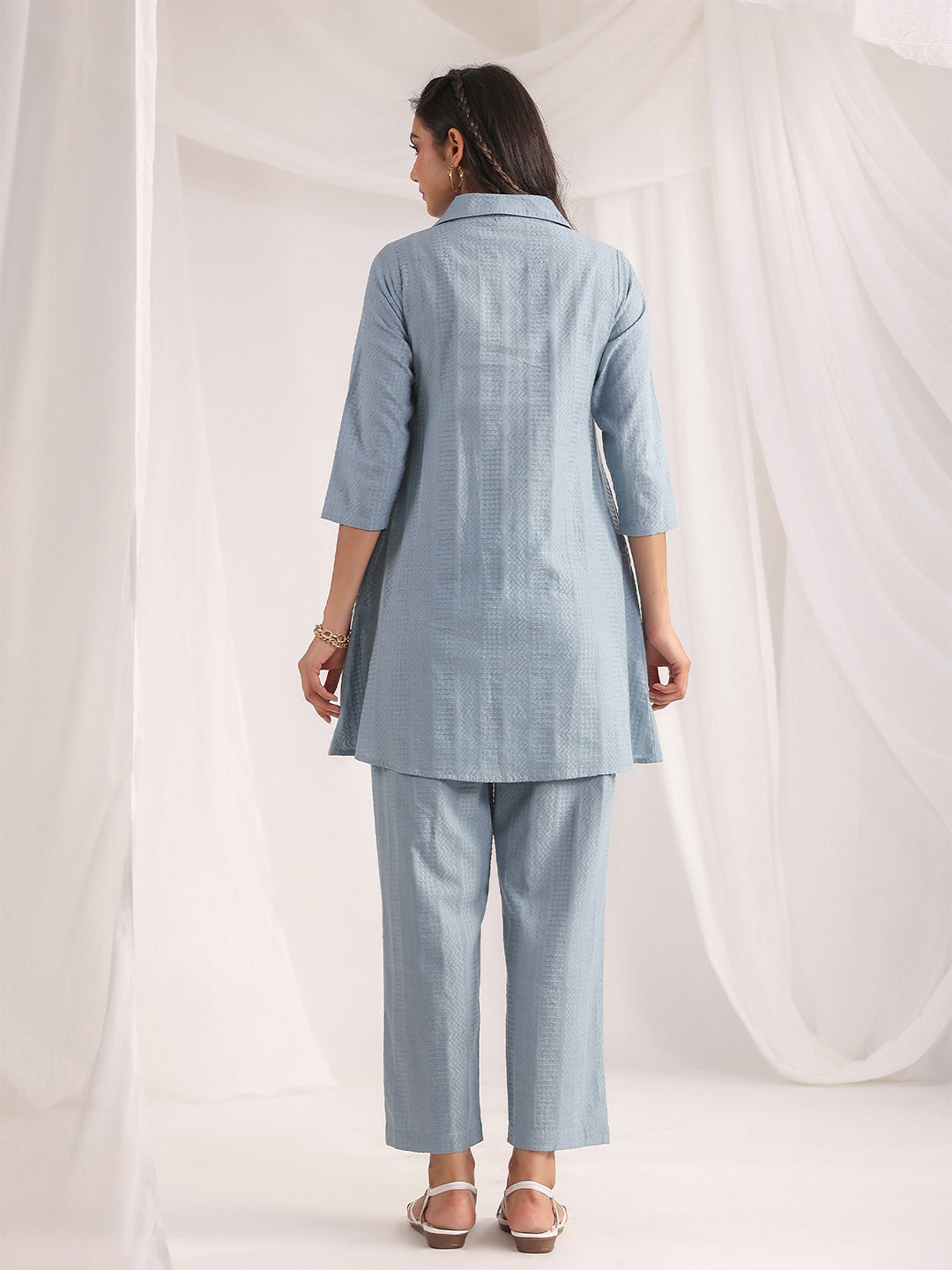 Janasya Light Jacquard Self Design Shirt Top & Bottom Set | Swadesiicart