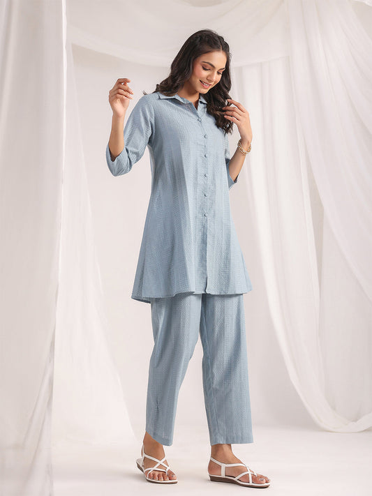 Janasya Light Jacquard Self Design Shirt Top & Bottom Set | Swadesiicart