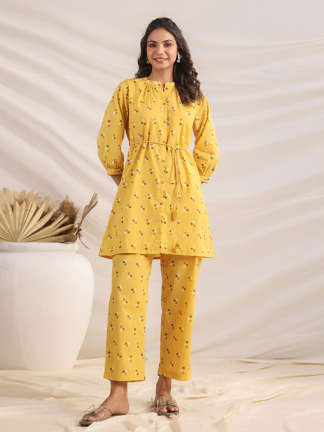 Janasya Gathering Cambric Mustard Geometric Band Collar Co-Ords - Swadesiicart