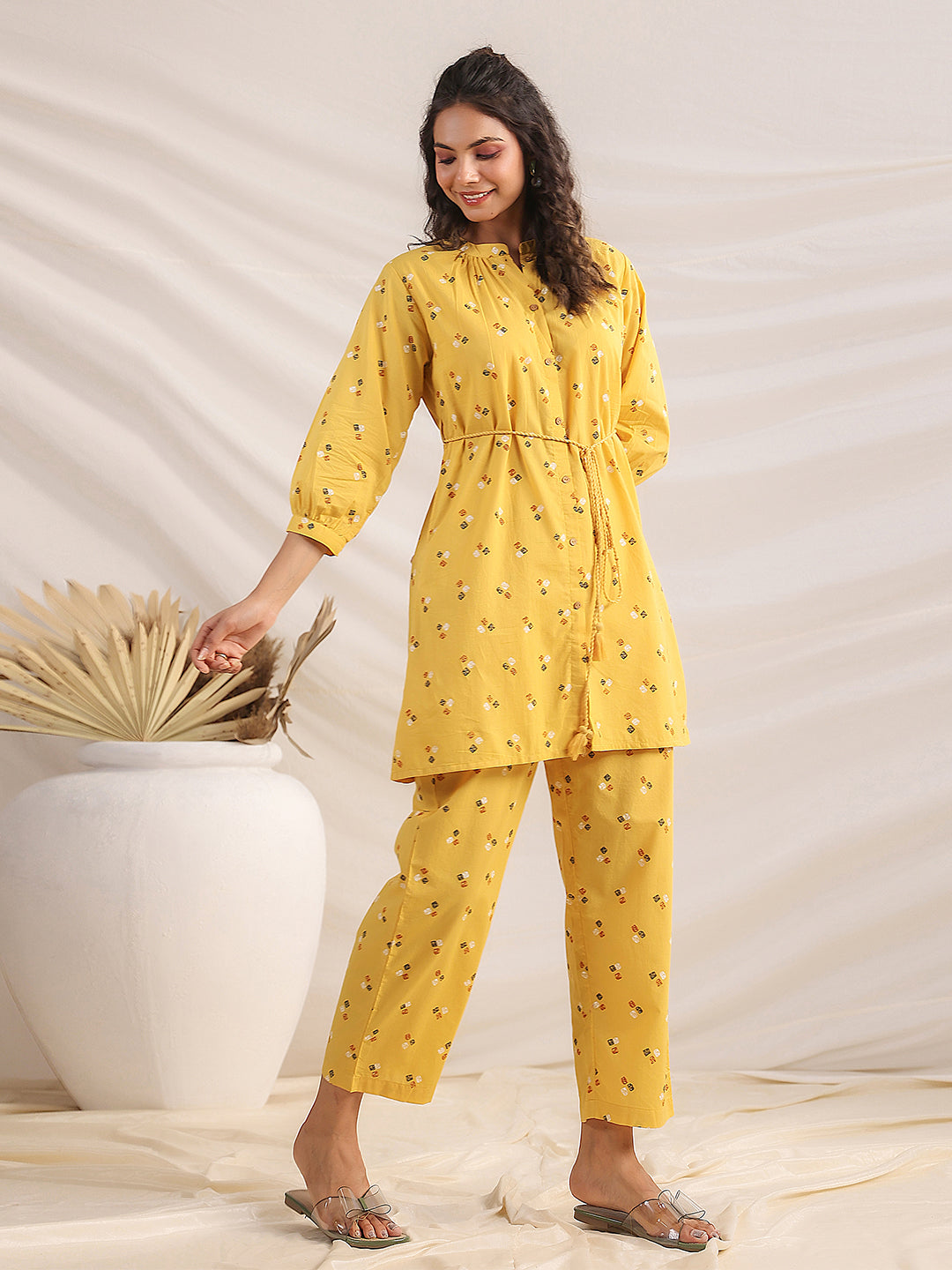 Janasya Gathering Cambric Mustard Geometric Band Collar Co-Ords - Swadesiicart