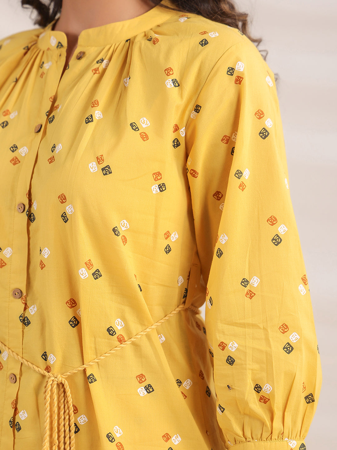 Janasya Gathering Cambric Mustard Geometric Band Collar Co-Ords - Swadesiicart