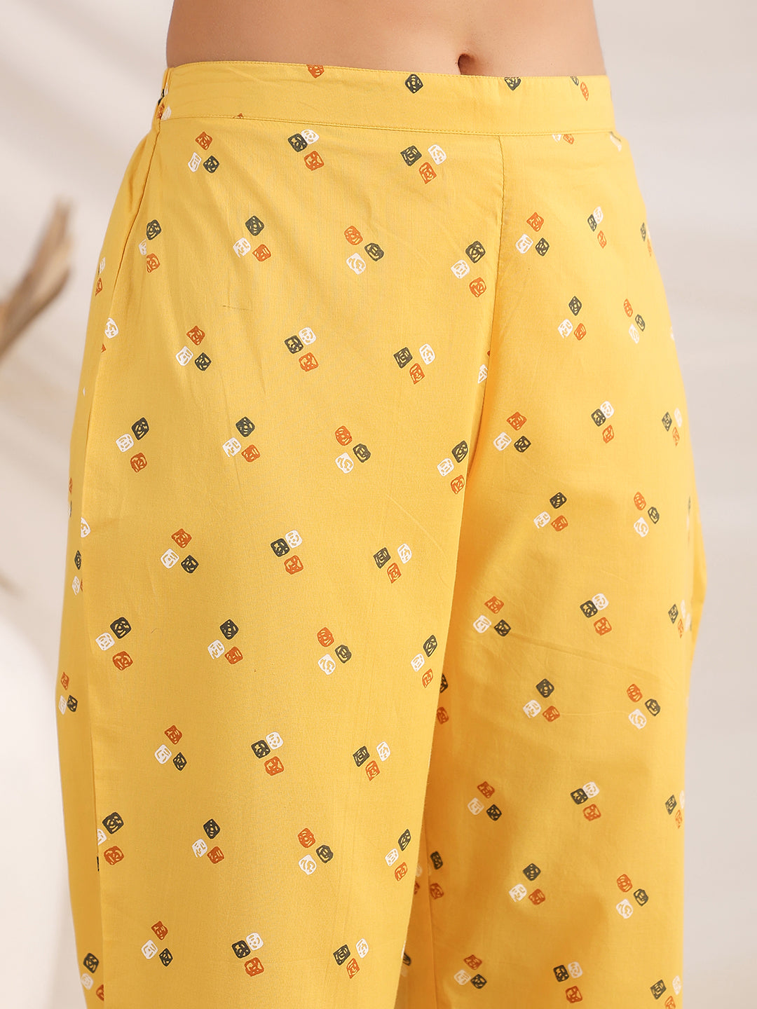 Janasya Gathering Cambric Mustard Geometric Band Collar Co-Ords - Swadesiicart