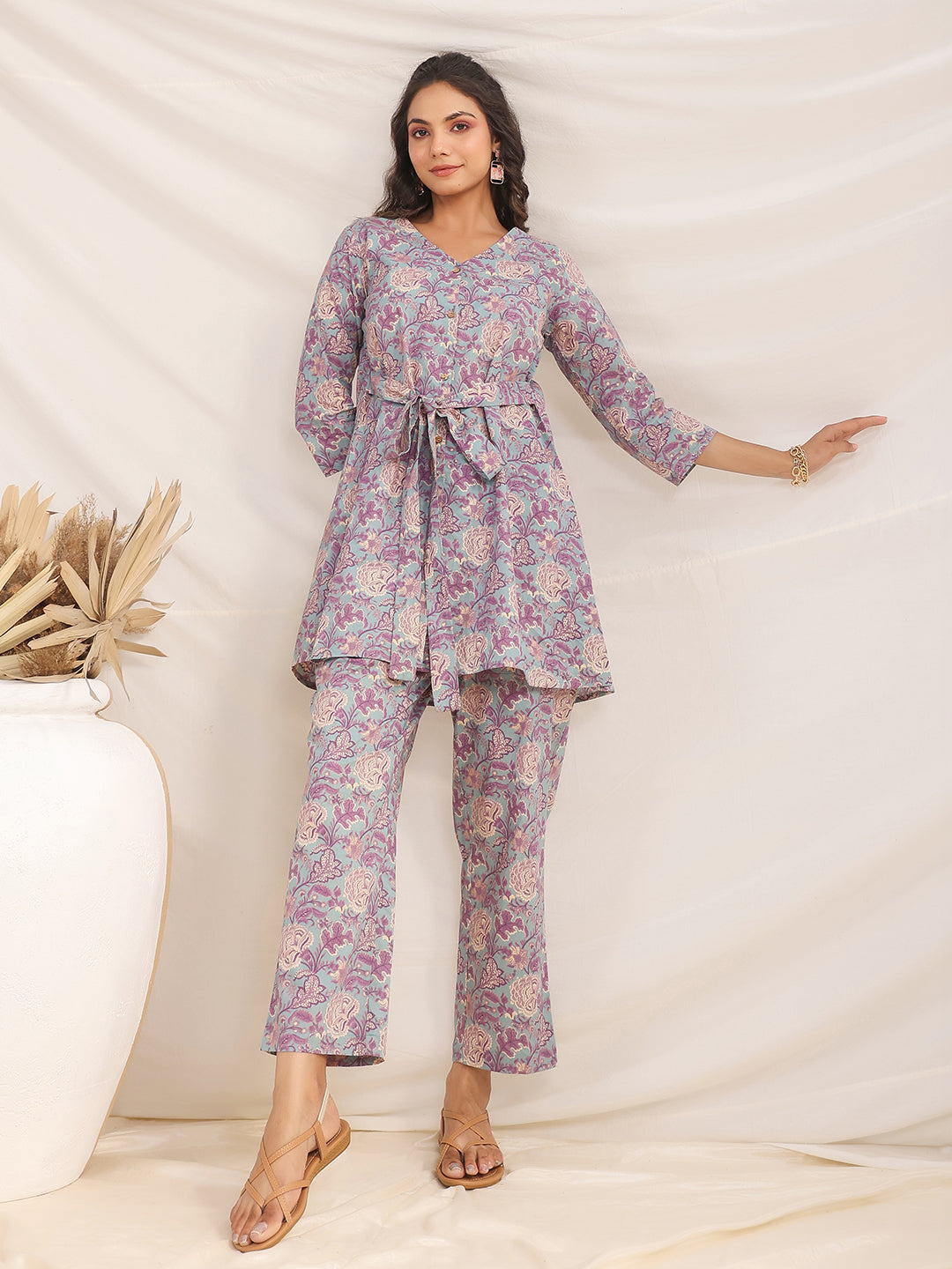 Janasya A-Line Cambric Grey Ethnic Motifs V-Neck Co-Ords - Swadesiicart