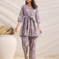Janasya A-Line Cambric Grey Ethnic Motifs V-Neck Co-Ords - Swadesiicart