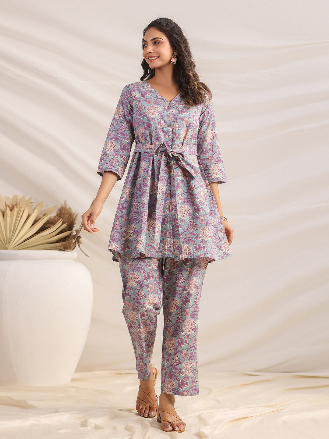 Janasya A-Line Cambric Grey Ethnic Motifs V-Neck Co-Ords - Swadesiicart