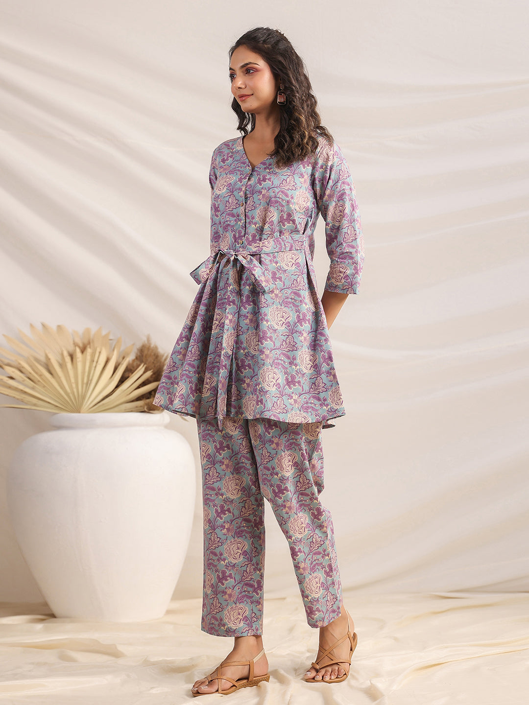 Janasya A-Line Cambric Grey Ethnic Motifs V-Neck Co-Ords - Swadesiicart