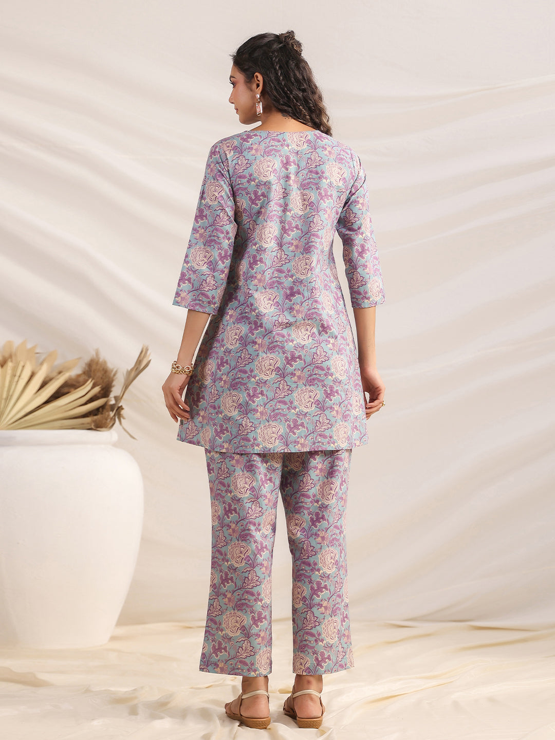 Janasya A-Line Cambric Grey Ethnic Motifs V-Neck Co-Ords - Swadesiicart