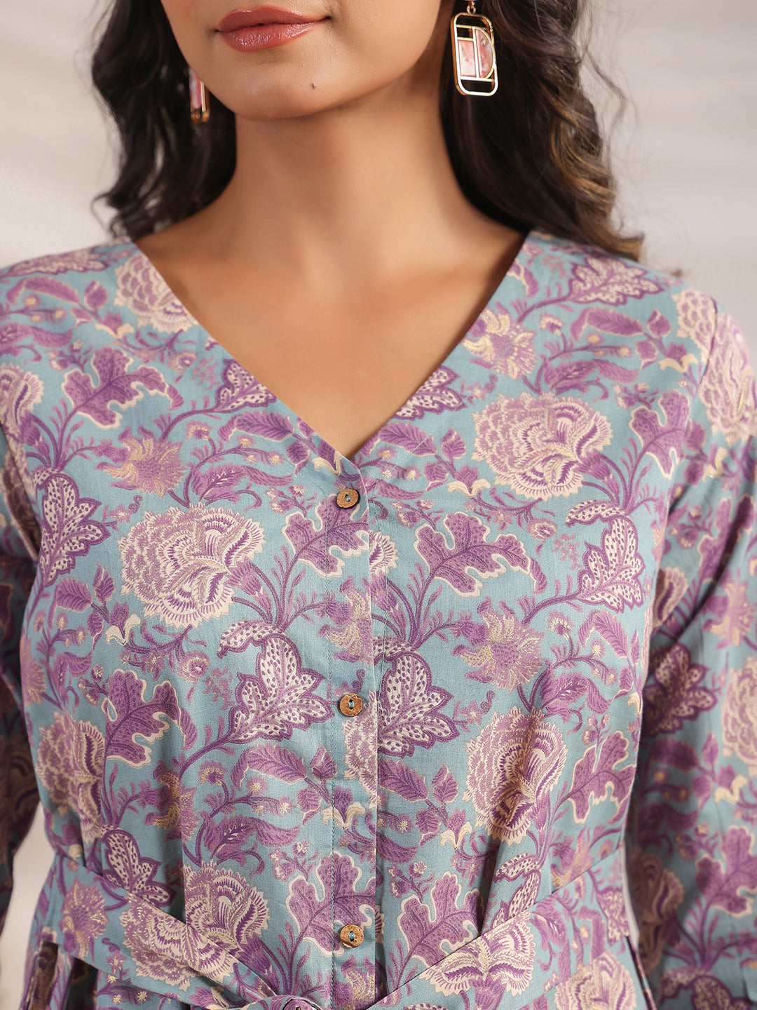 Janasya A-Line Cambric Grey Ethnic Motifs V-Neck Co-Ords - Swadesiicart