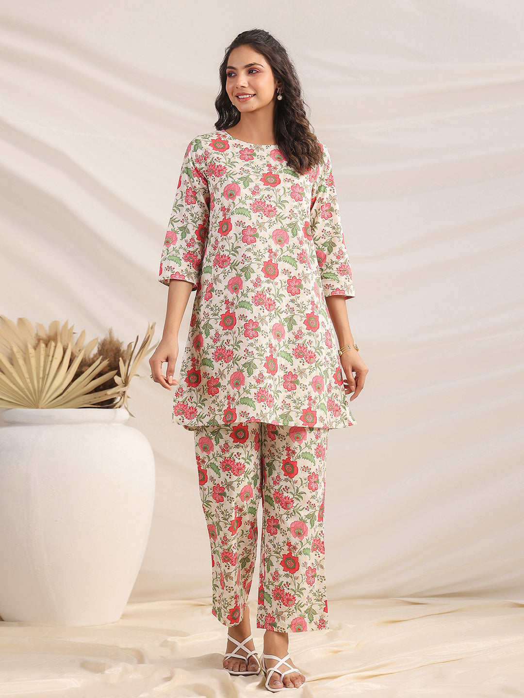 Janasya A-Line Cambric Beige Floral Round Neck Co-Ords - Swadesiicart