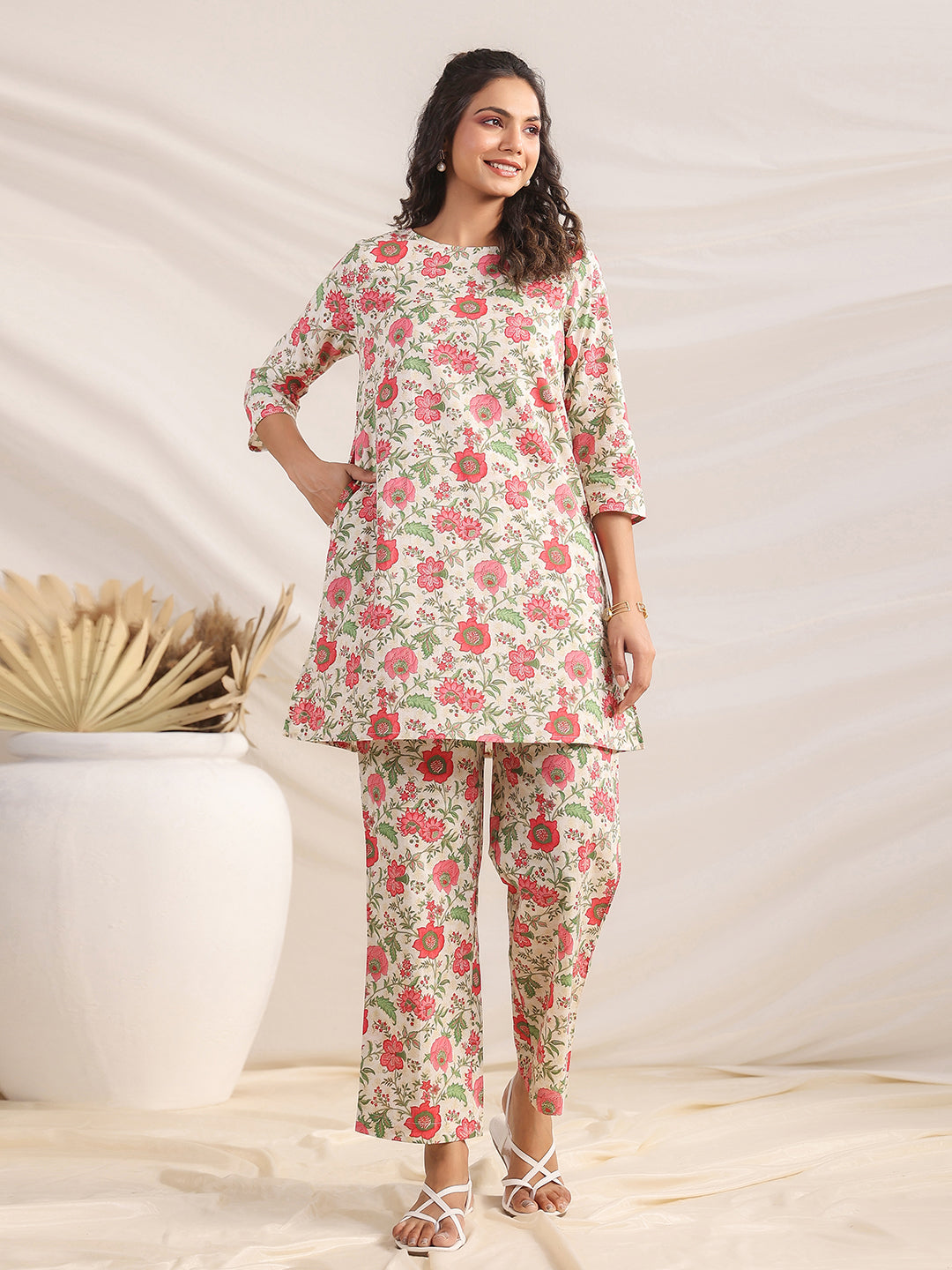 Janasya A-Line Cambric Beige Floral Round Neck Co-Ords - Swadesiicart