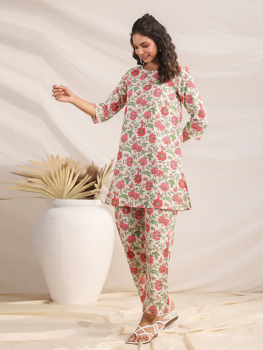 Janasya A-Line Cambric Beige Floral Round Neck Co-Ords - Swadesiicart