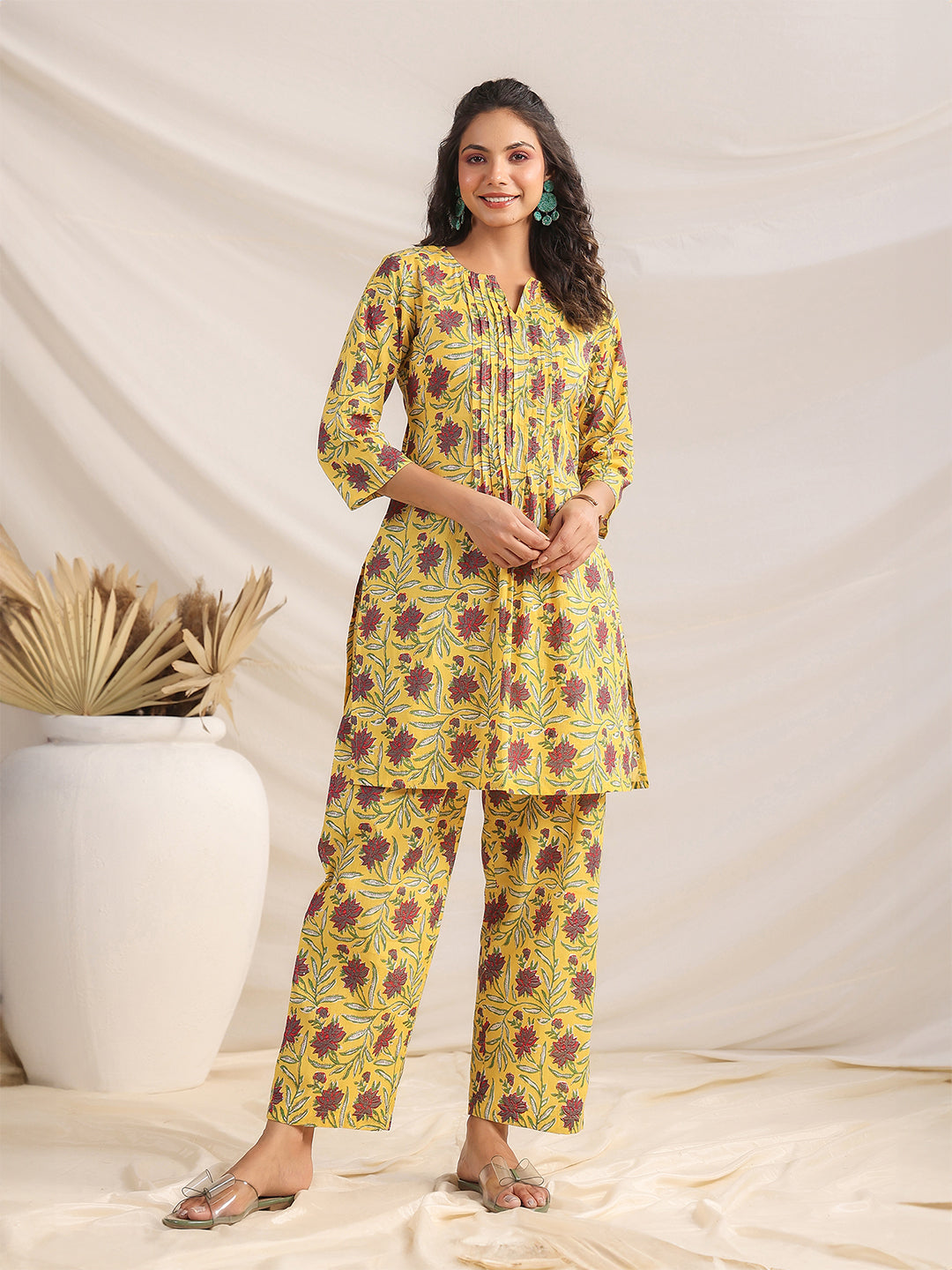 Janasya Pleated Cambric Yellow Floral Notch Neck Co-Ords - Swadesiicart