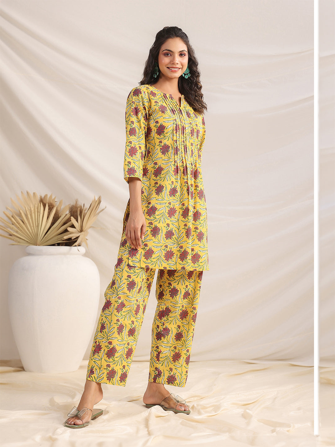 Janasya Pleated Cambric Yellow Floral Notch Neck Co-Ords - Swadesiicart