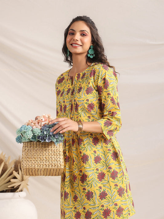Janasya Bright Cotton Floral Pleated Top & Bottom Set | Swadesiicart
