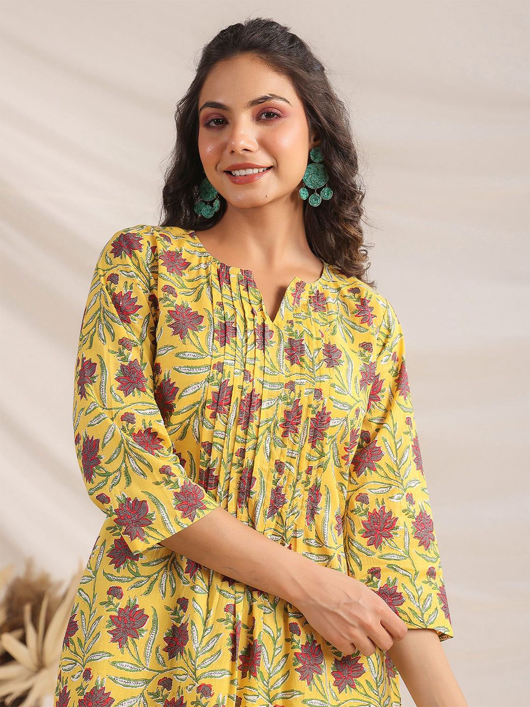 Janasya Bright Cotton Floral Pleated Top & Bottom Set | Swadesiicart