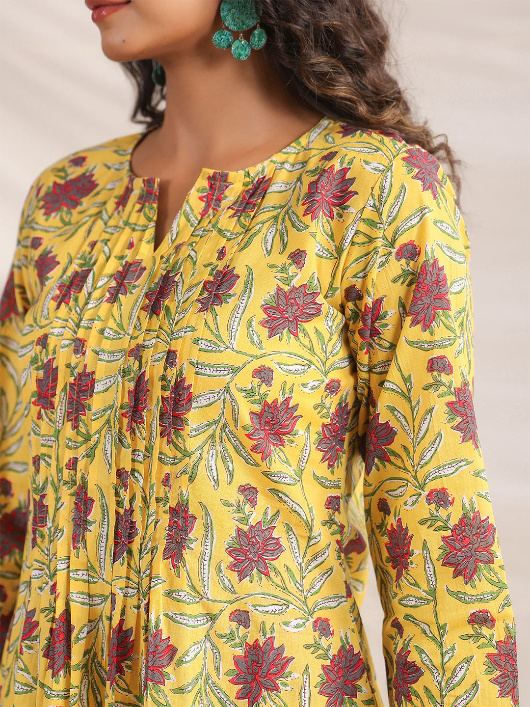 Janasya Bright Cotton Floral Pleated Top & Bottom Set | Swadesiicart
