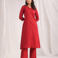 Janasya A-Line Dobby Cotton Maroon Solid V-Neck Co-Ords - Swadesiicart