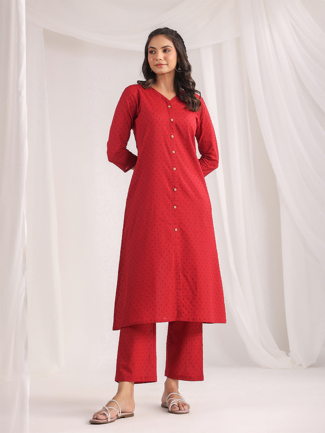 Janasya A-Line Dobby Cotton Maroon Solid V-Neck Co-Ords - Swadesiicart