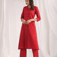 Janasya A-Line Dobby Cotton Maroon Solid V-Neck Co-Ords - Swadesiicart
