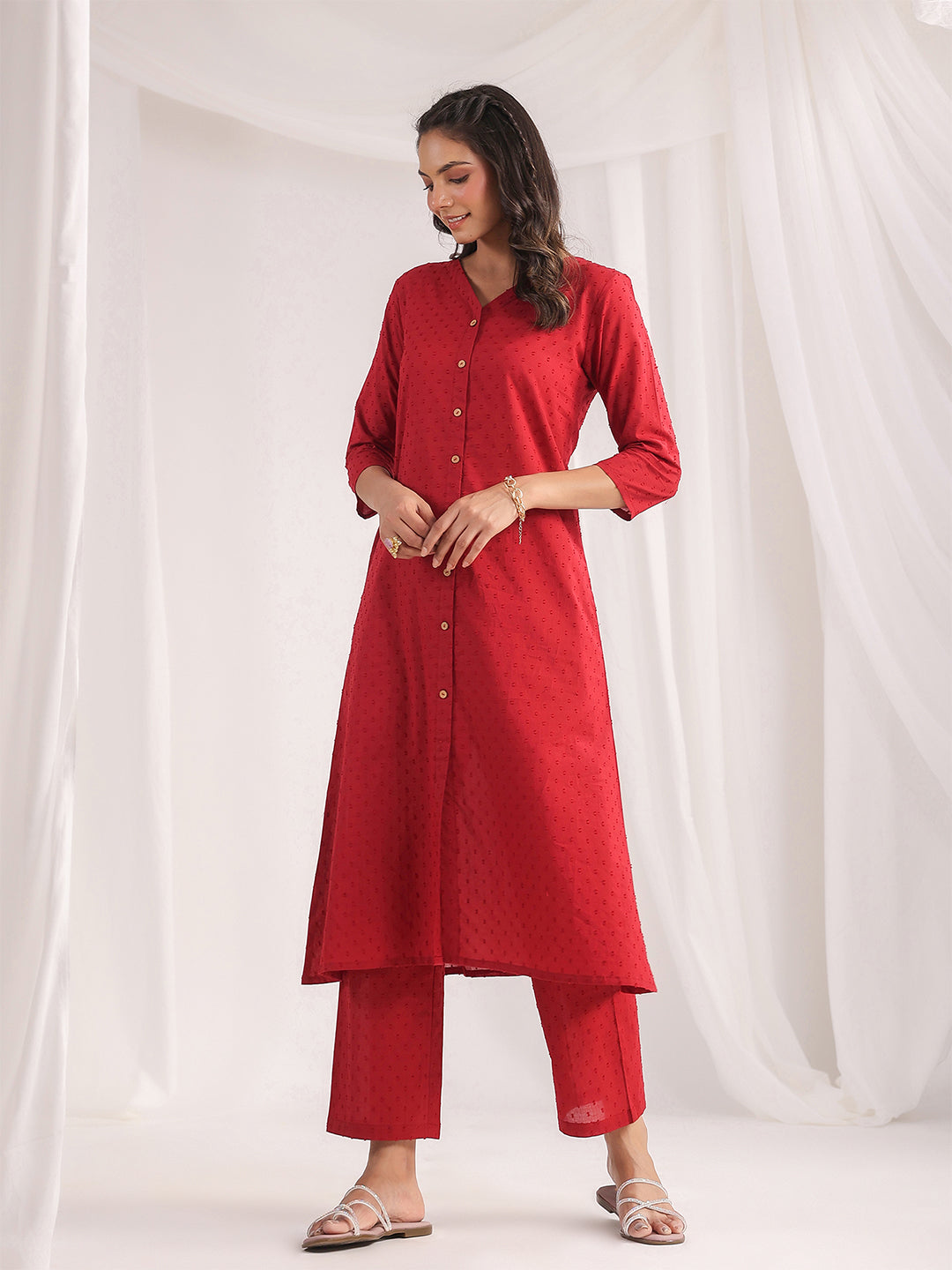 Janasya A-Line Dobby Cotton Maroon Solid V-Neck Co-Ords - Swadesiicart