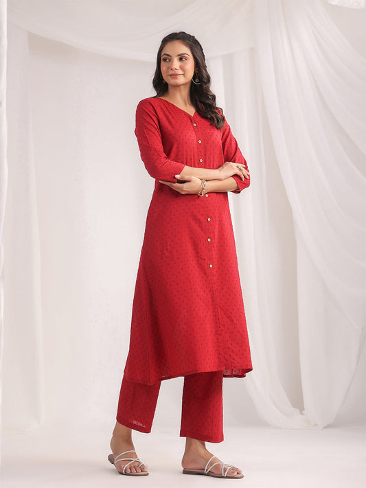 Janasya A-Line Dobby Cotton Maroon Solid V-Neck Co-Ords - Swadesiicart