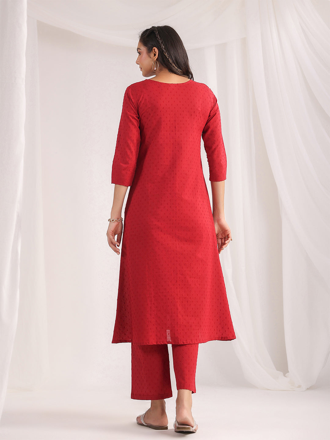 Janasya A-Line Dobby Cotton Maroon Solid V-Neck Co-Ords - Swadesiicart