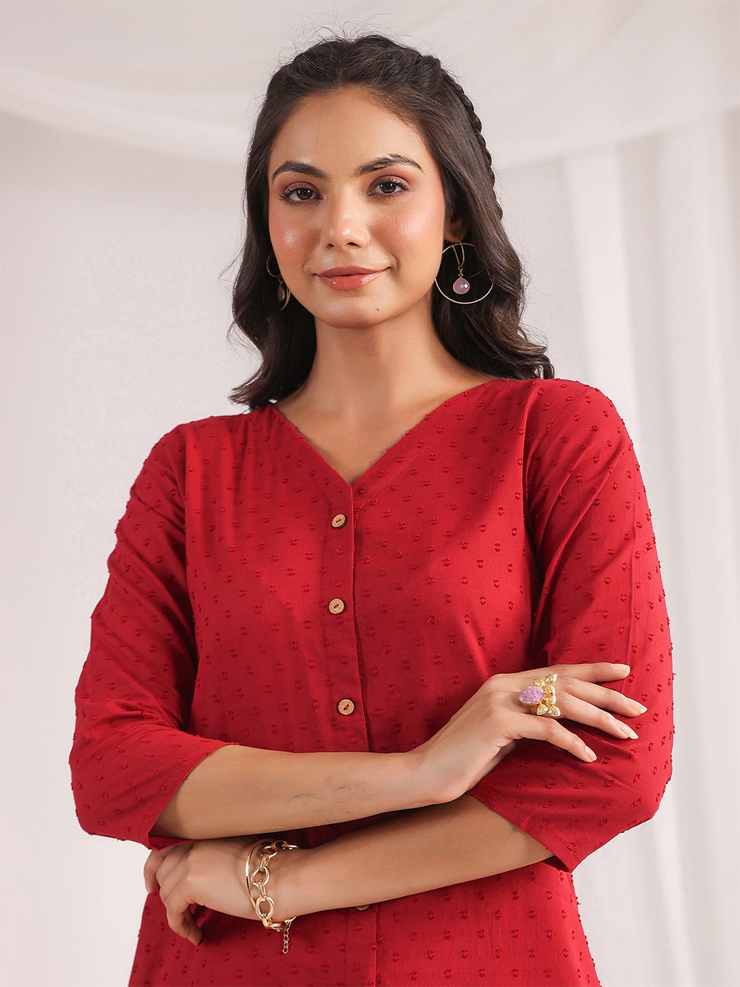 Janasya A-Line Dobby Cotton Maroon Solid V-Neck Co-Ords - Swadesiicart