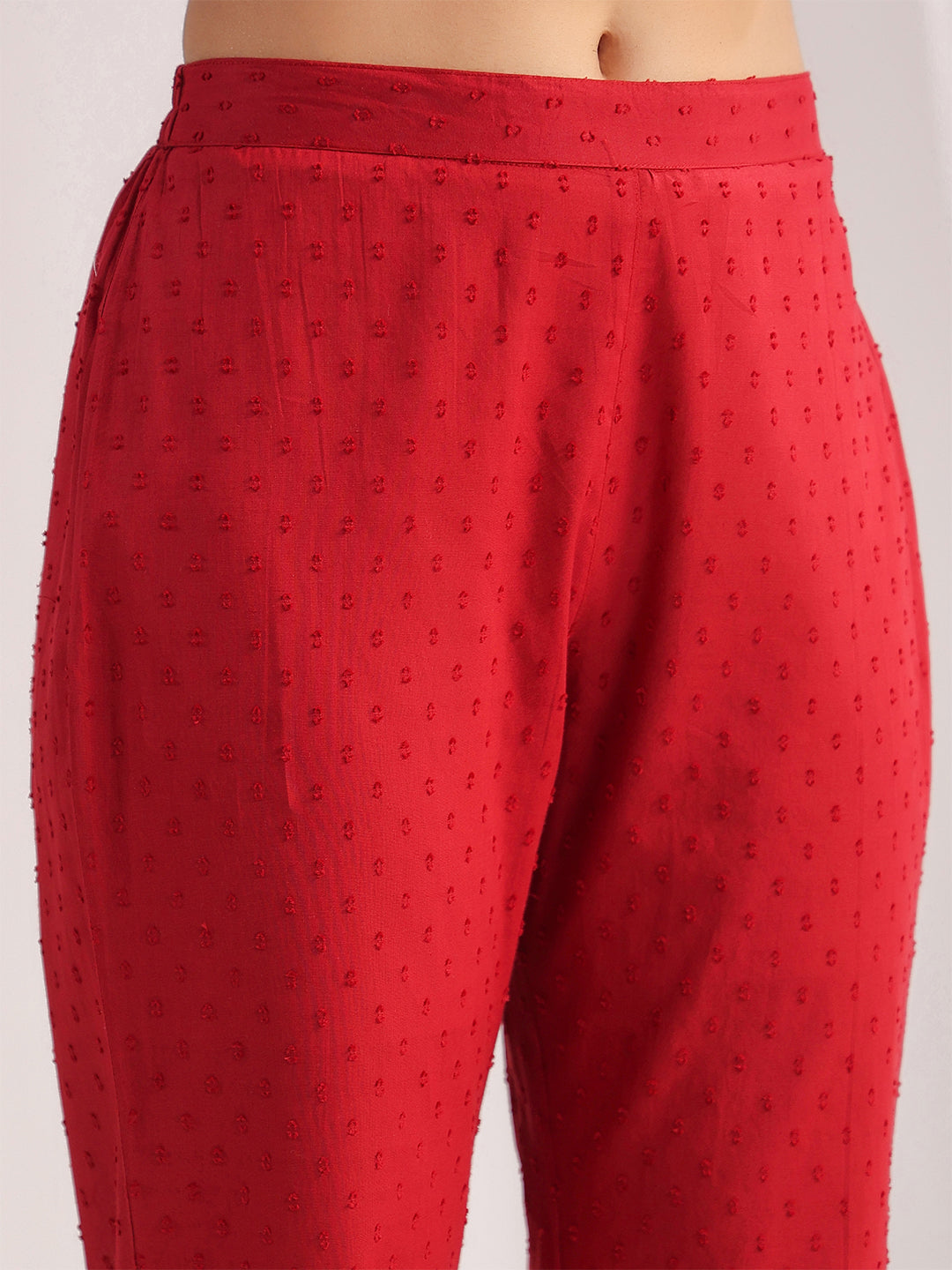 Janasya A-Line Dobby Cotton Maroon Solid V-Neck Co-Ords - Swadesiicart