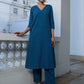 Janasya A-Line Dobby Cotton Teal Self Design V-Neck Co-Ords - Swadesiicart
