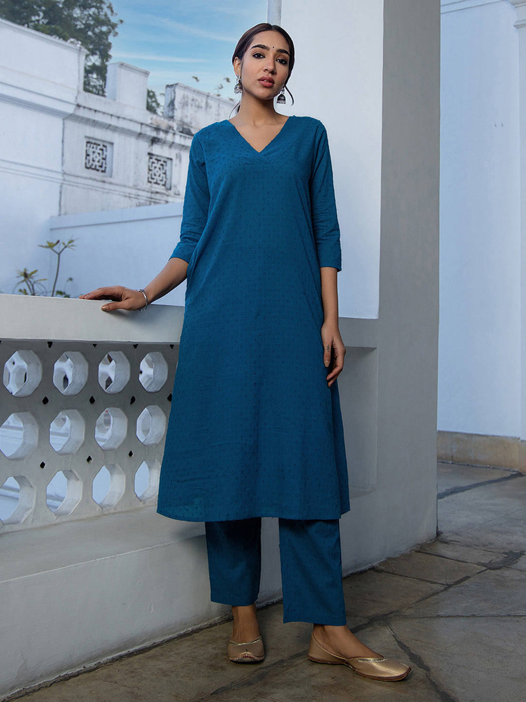 Janasya A-Line Dobby Cotton Teal Self Design V-Neck Co-Ords - Swadesiicart