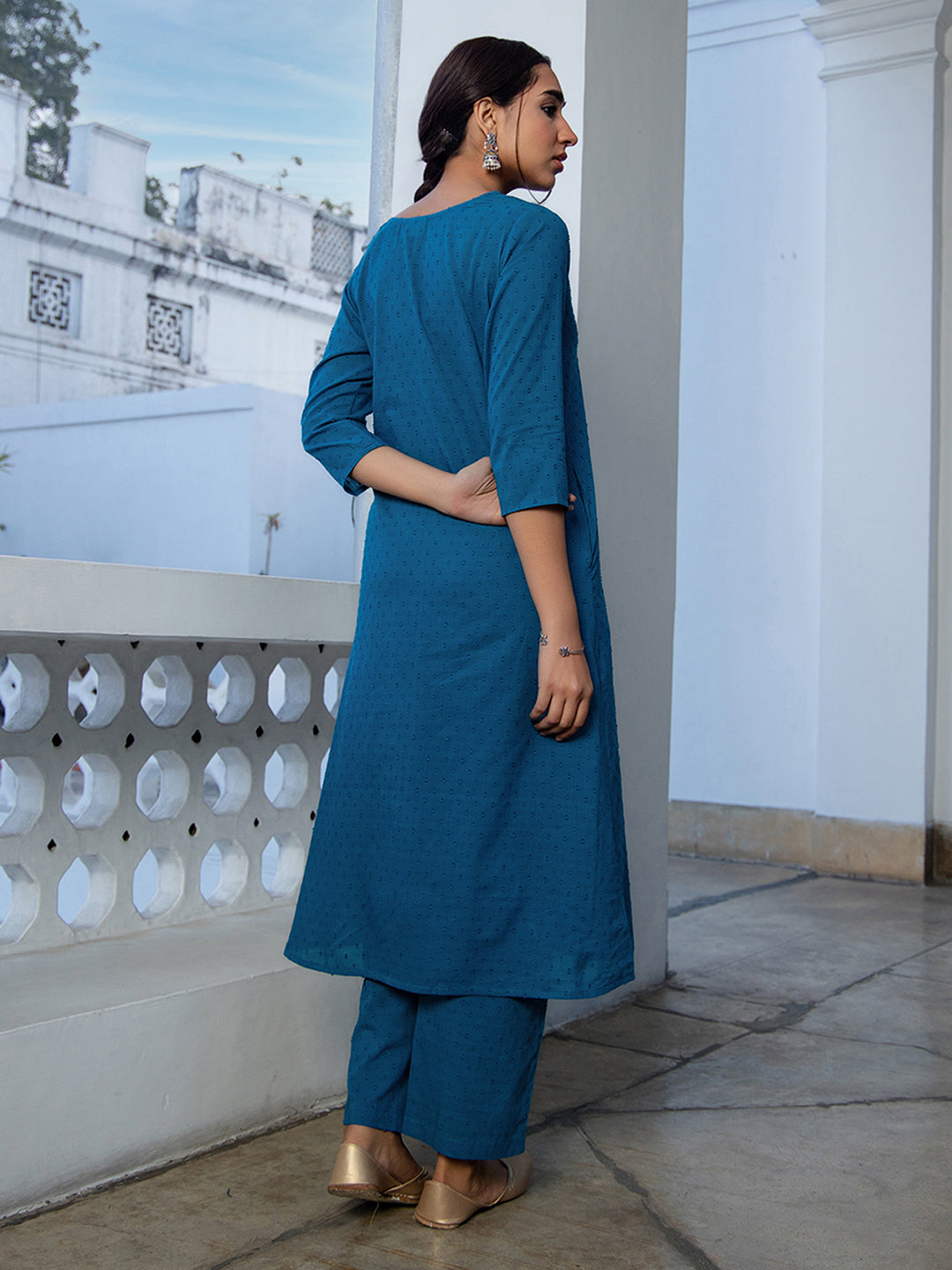 Janasya A-Line Dobby Cotton Teal Self Design V-Neck Co-Ords - Swadesiicart