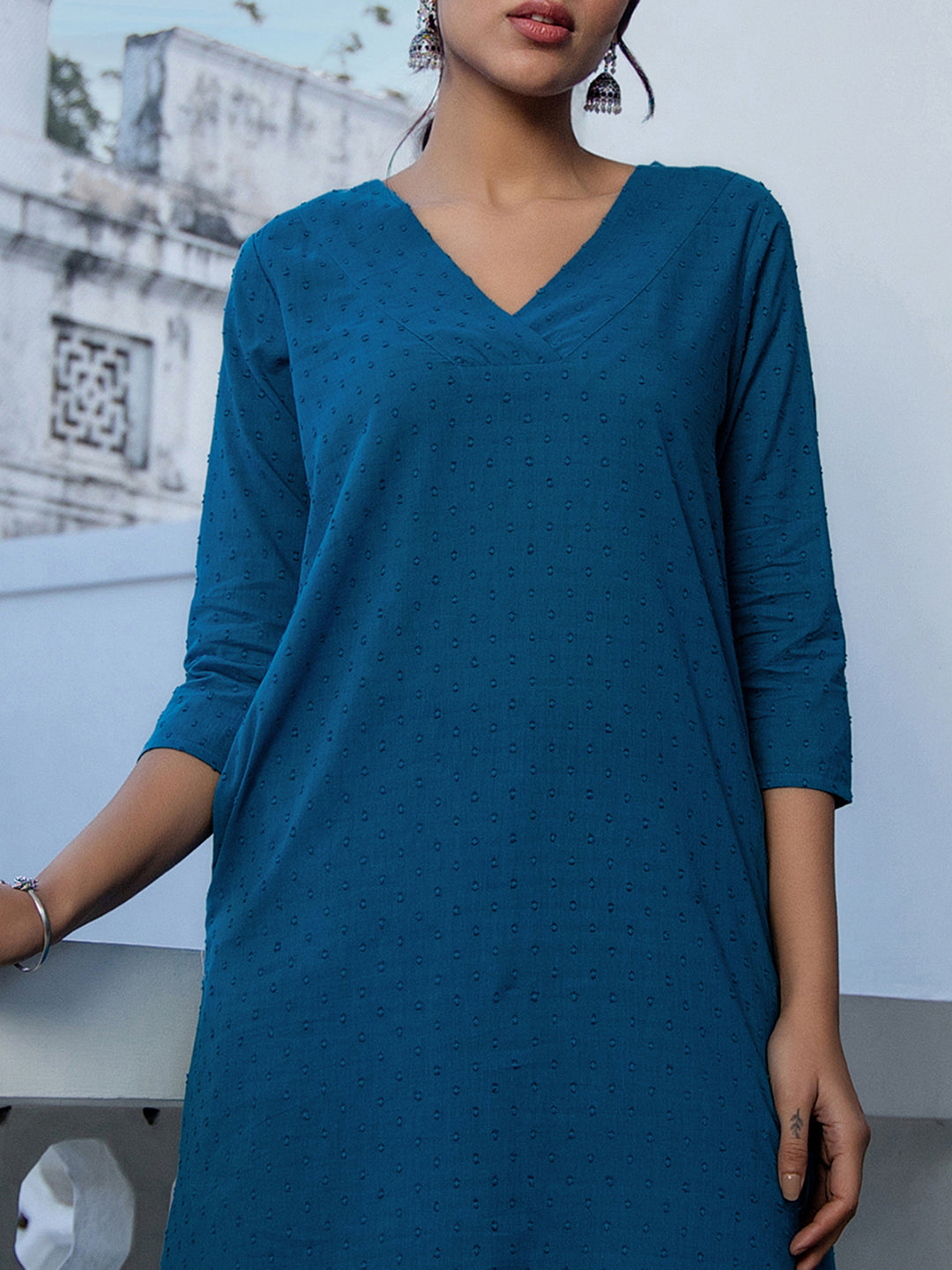 Janasya A-Line Dobby Cotton Teal Self Design V-Neck Co-Ords - Swadesiicart