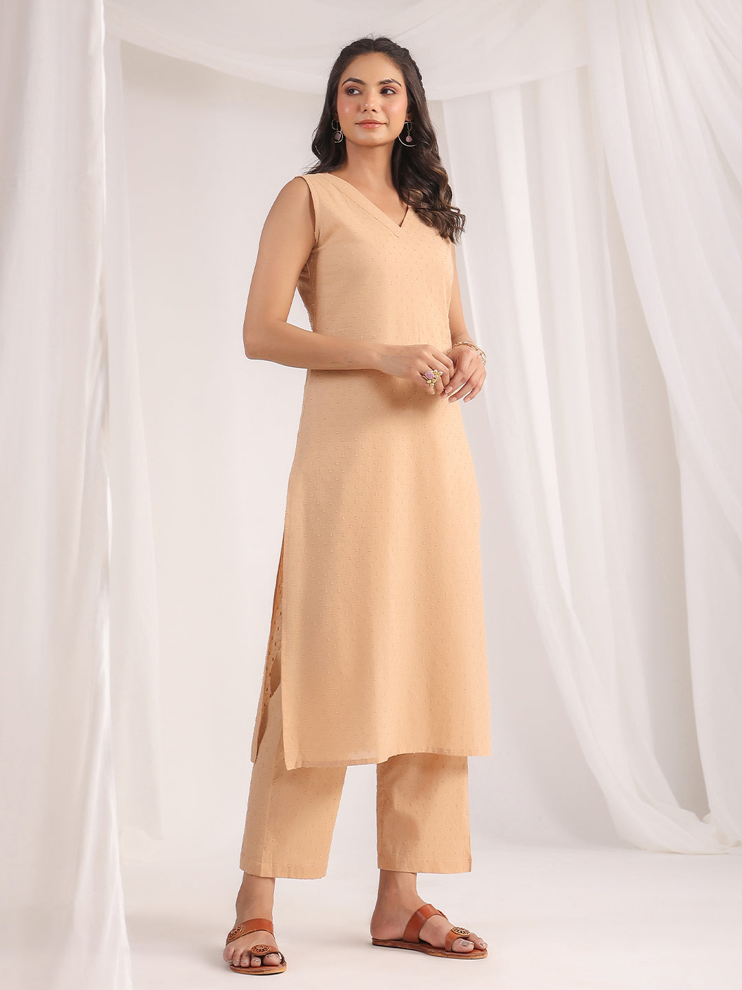 Janasya Straight Dobby Cotton Beige Solid V-Neck Co-Ords - Swadesiicart