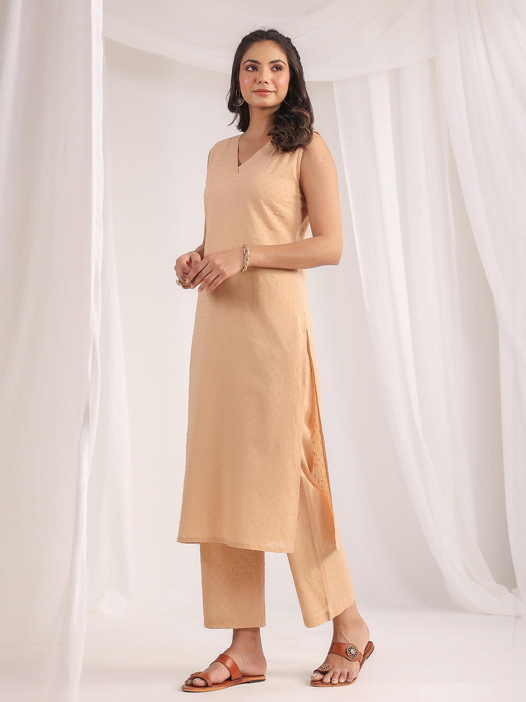Janasya Straight Dobby Cotton Beige Solid V-Neck Co-Ords - Swadesiicart