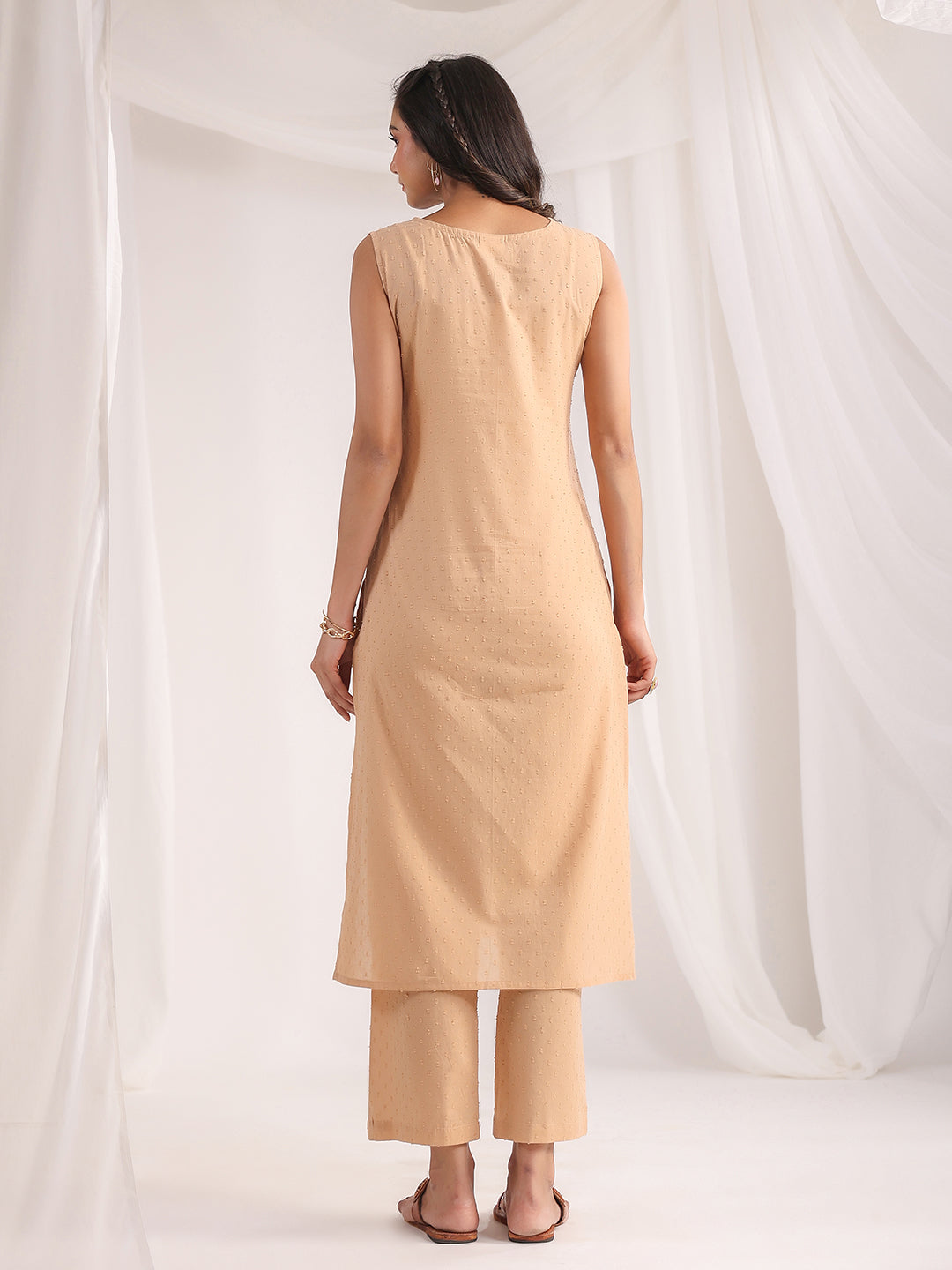 Janasya Straight Dobby Cotton Beige Solid V-Neck Co-Ords - Swadesiicart