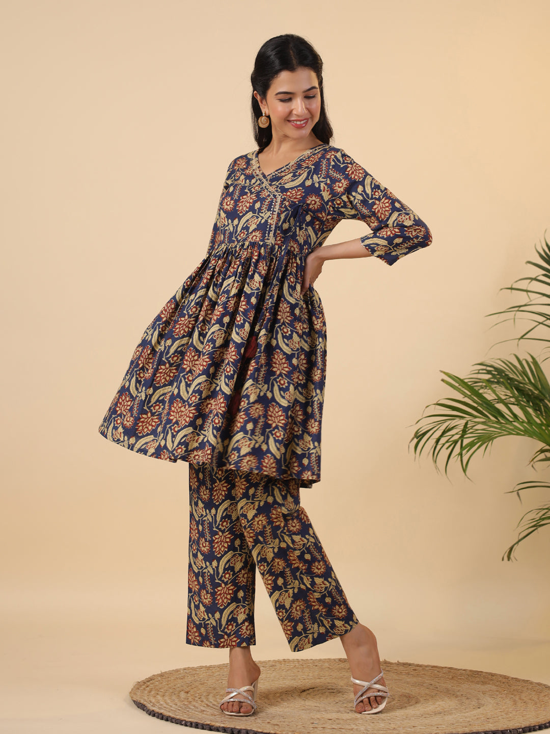 Janasya Navy Blue Cambric Ethnic Motifs Co-Ords - Swadesiicart