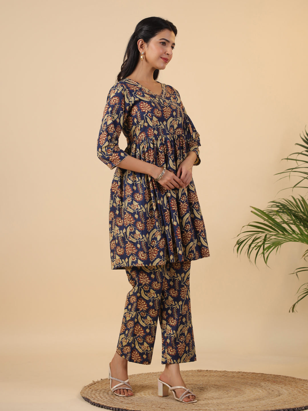 Janasya Navy Blue Cambric Ethnic Motifs Co-Ords - Swadesiicart
