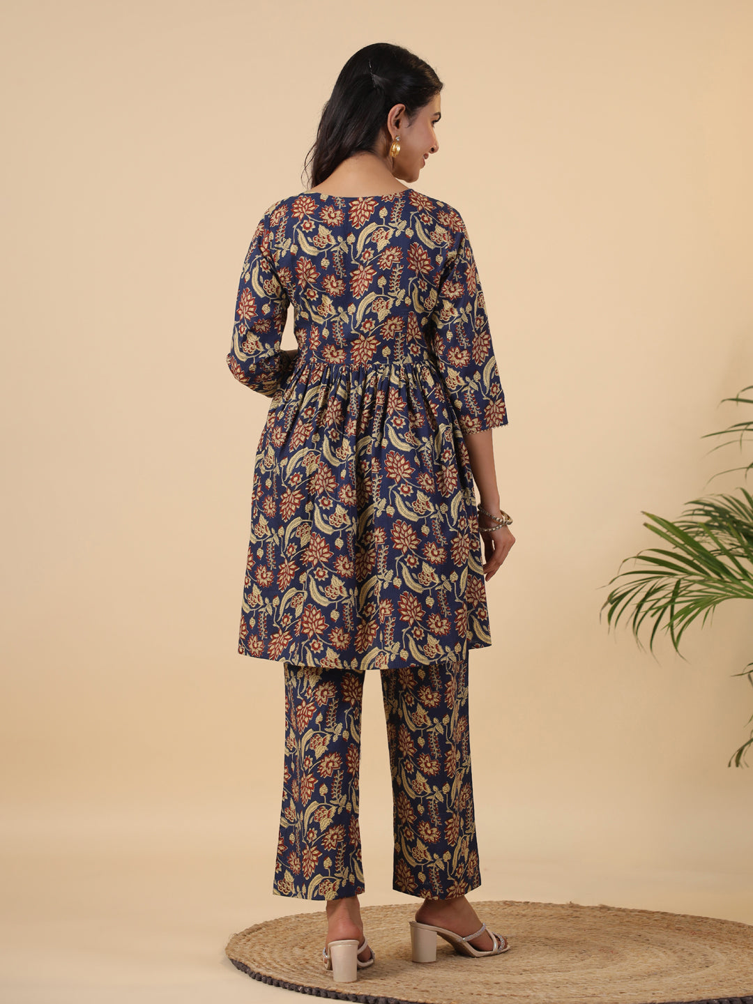 Janasya Navy Blue Cambric Ethnic Motifs Co-Ords - Swadesiicart