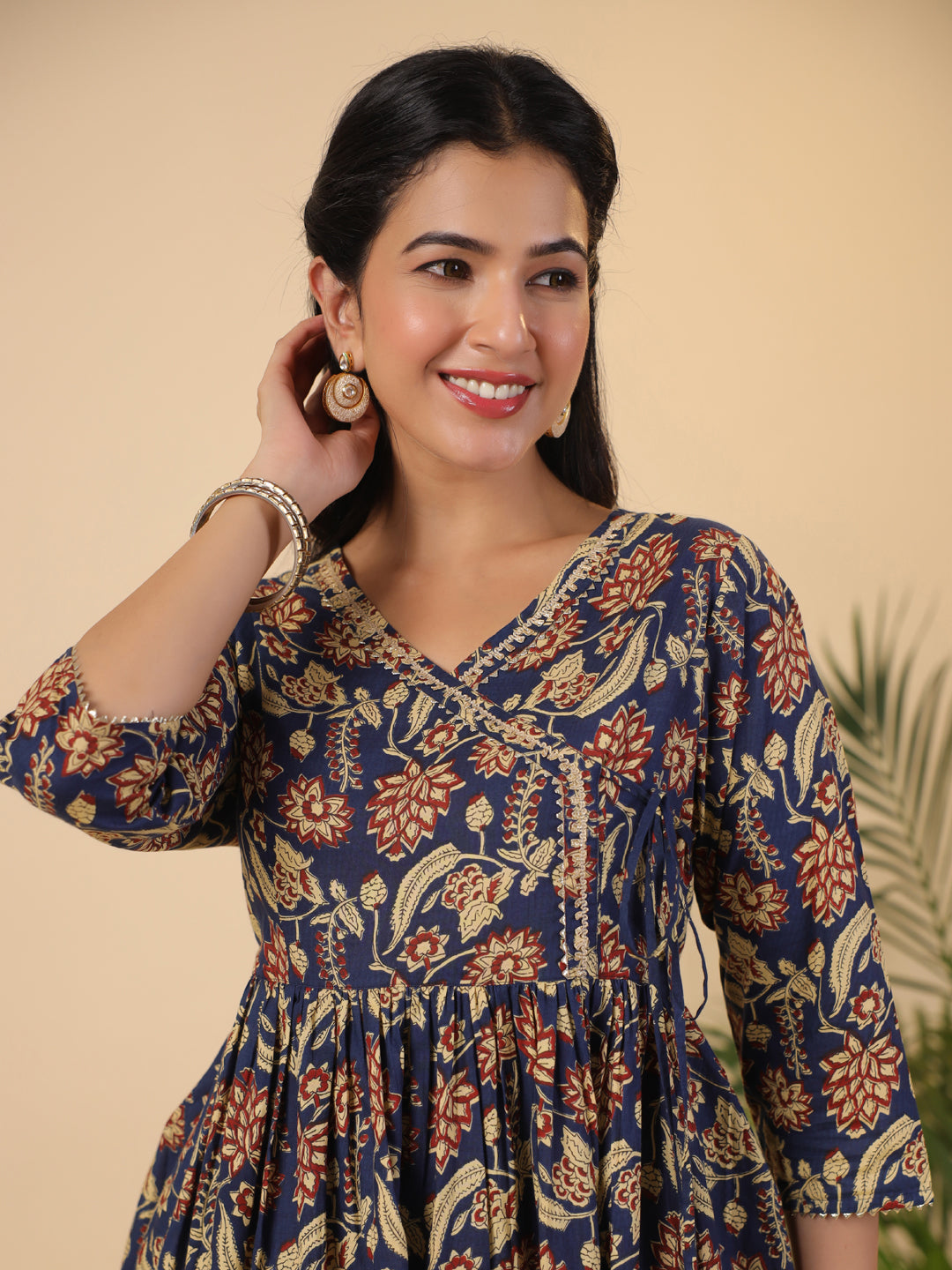 Janasya Navy Blue Cambric Ethnic Motifs Co-Ords - Swadesiicart