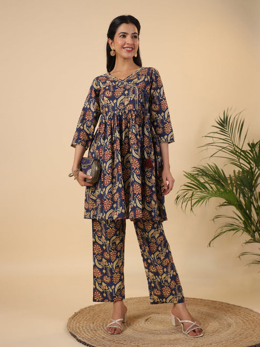 Janasya Navy Blue Cambric Ethnic Motifs Co-Ords - Swadesiicart