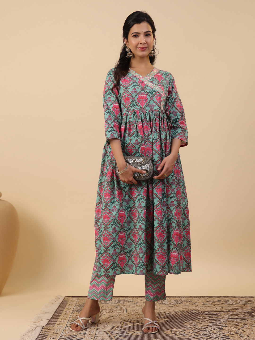 Janasya Green Cambric Ethnic Motifs Co-Ords - Swadesiicart