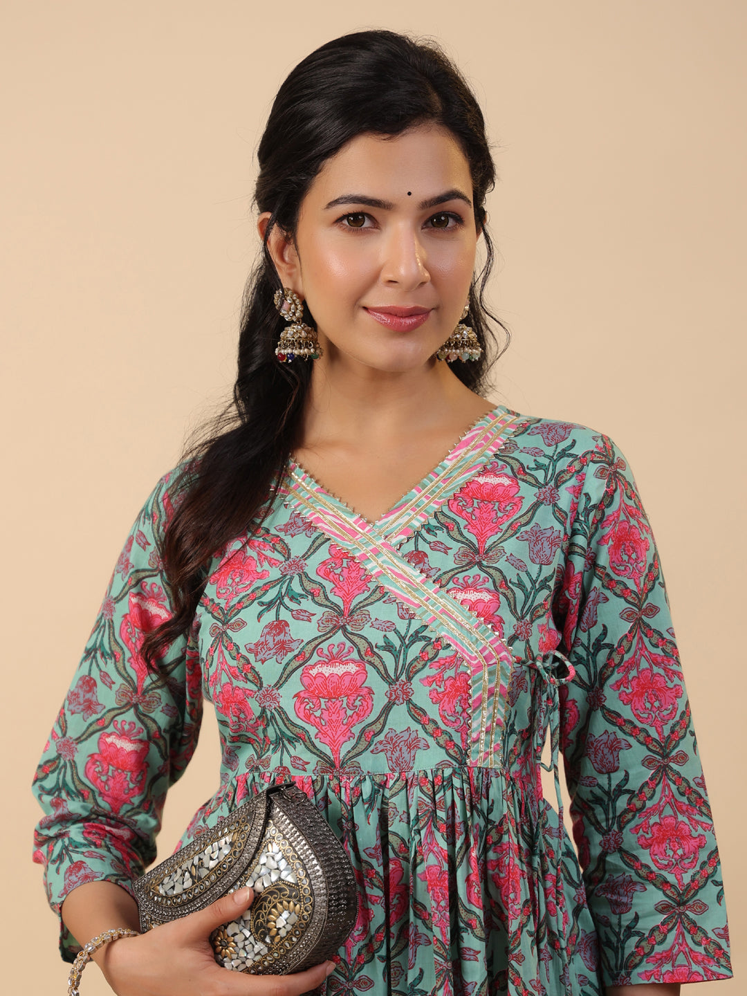 Janasya Green Cambric Ethnic Motifs Co-Ords - Swadesiicart