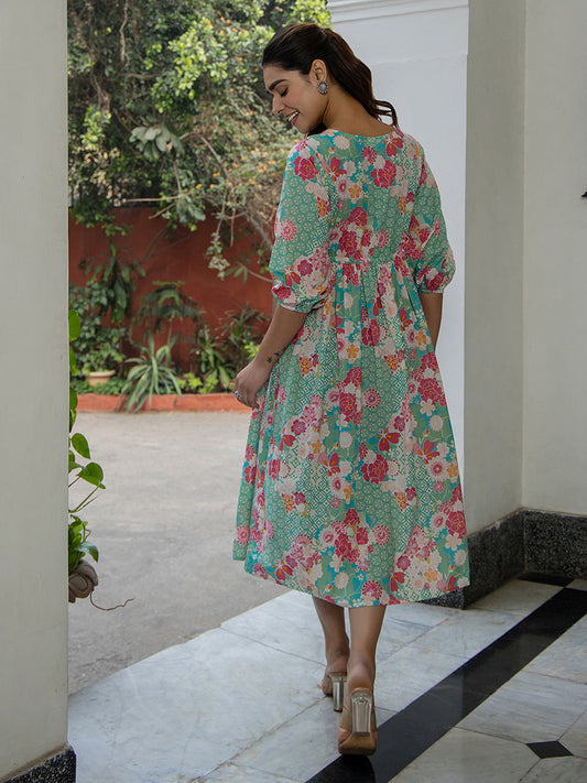 Janasya From Style Master Cotton Floral Fit & Flare Dress | Swadesiicart