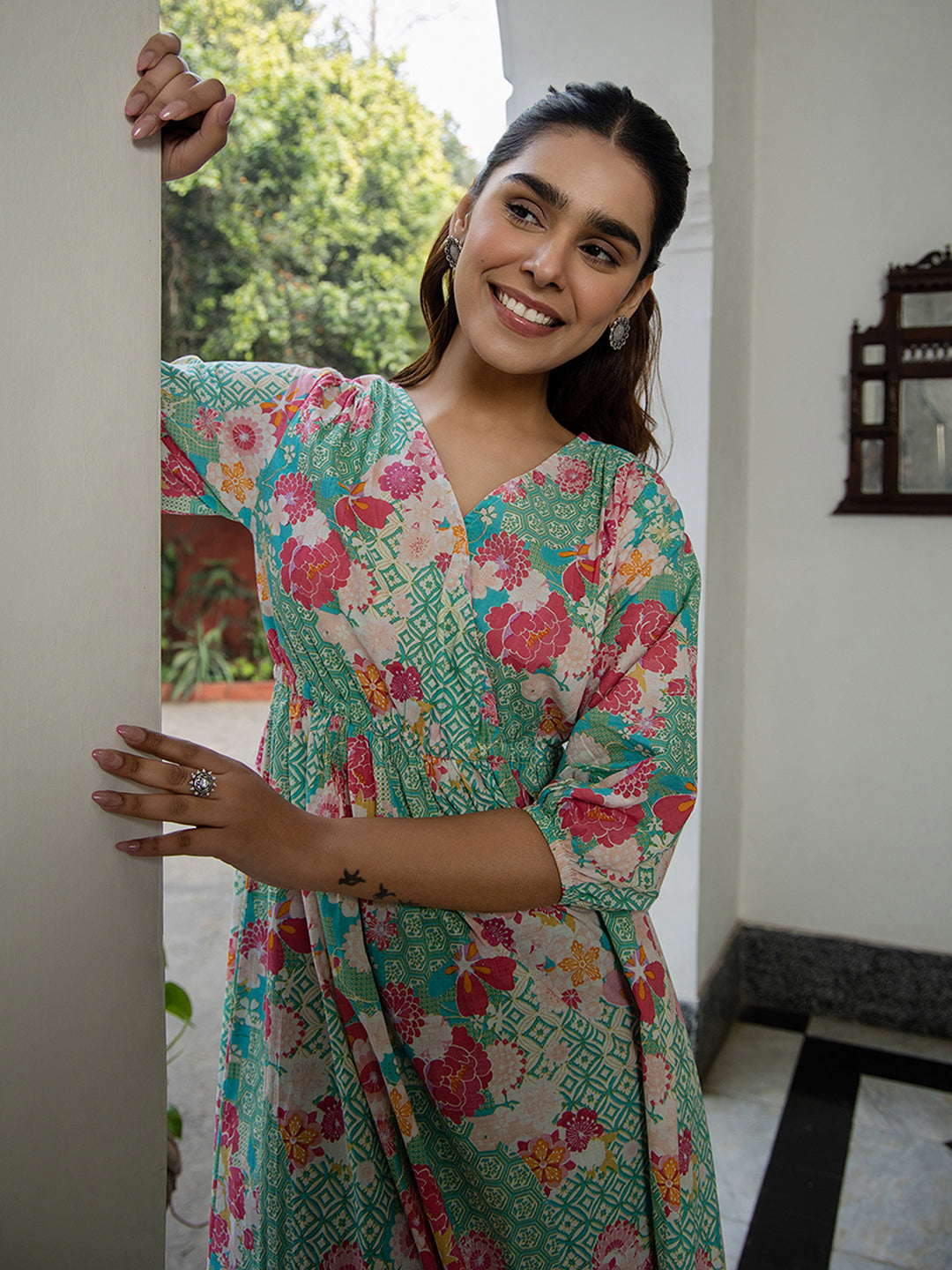 Janasya From Style Master Cotton Floral Fit & Flare Dress | Swadesiicart