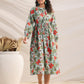 Janasya Pleated Cambric Blue Floral Band Collar Dress | Swadesiicart