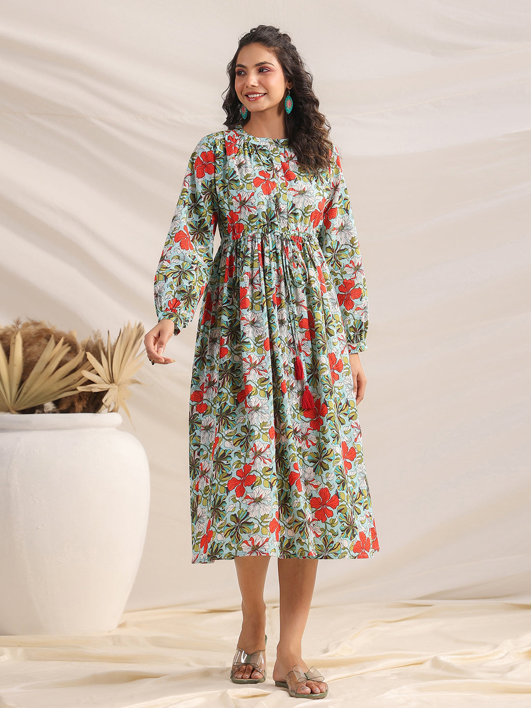 Janasya Pleated Cambric Blue Floral Band Collar Dress | Swadesiicart