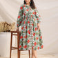 Janasya Pleated Cambric Blue Floral Band Collar Dress | Swadesiicart