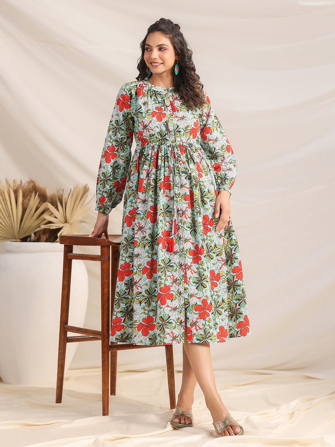 Janasya Pleated Cambric Blue Floral Band Collar Dress | Swadesiicart