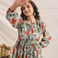 Janasya Pleated Cambric Blue Floral Band Collar Dress | Swadesiicart